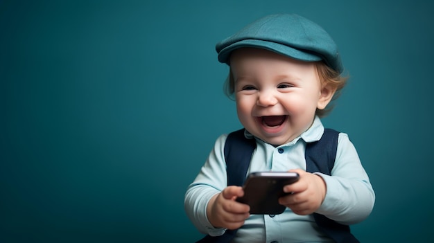 illustration of cute happy baby holding smartphone Laughing Natura