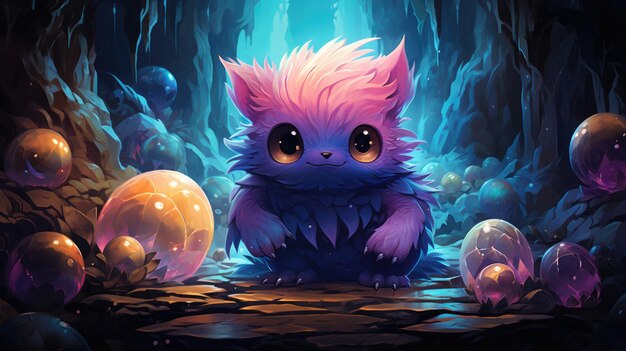 a illustration cute monster with a crystal body and intense eyes in an cave environment