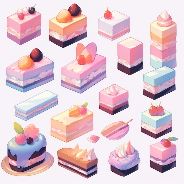 Illustration cute piece of cake set and dessert pastel color Created with Generative AI technology