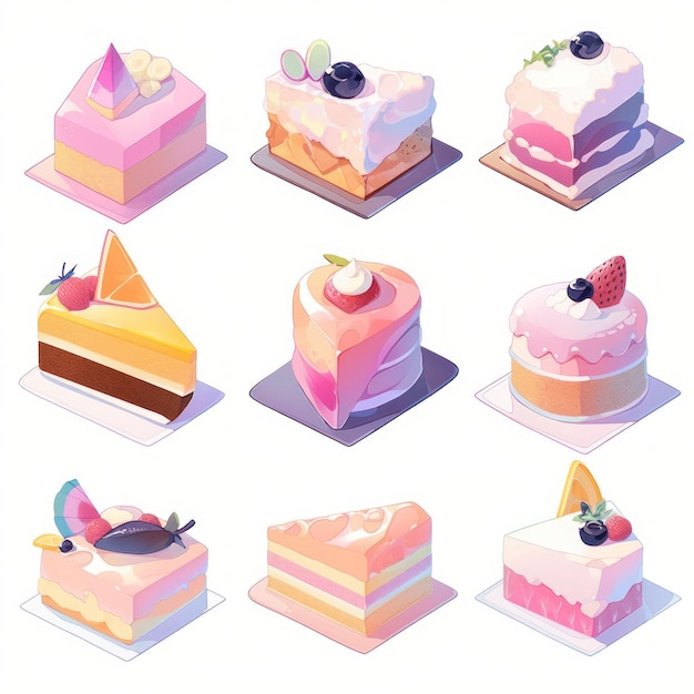 Illustration cute piece of cake set and dessert pastel color Created with Generative AI technology