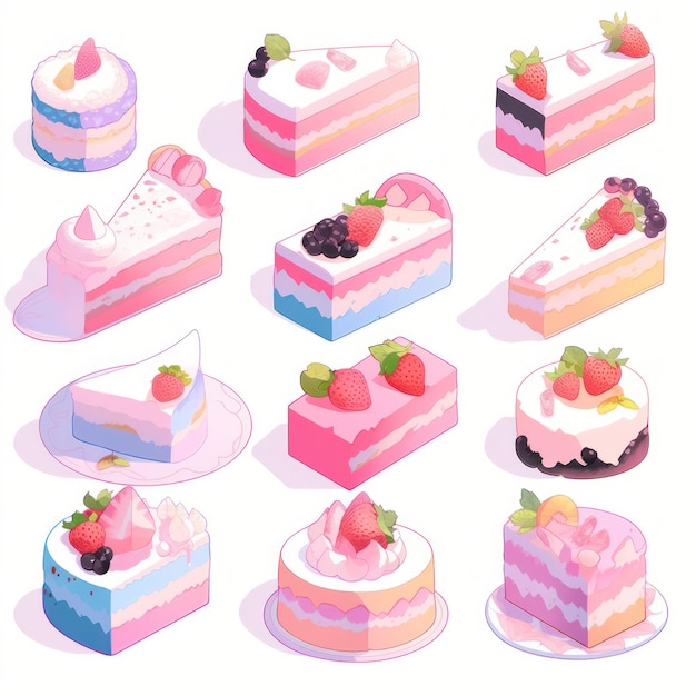 Illustration cute piece of cake set and dessert pastel color Created with Generative AI technology