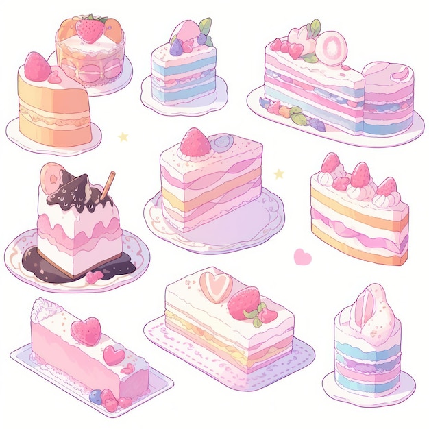 Illustration cute piece of cake set and dessert pastel color Created with Generative AI technology