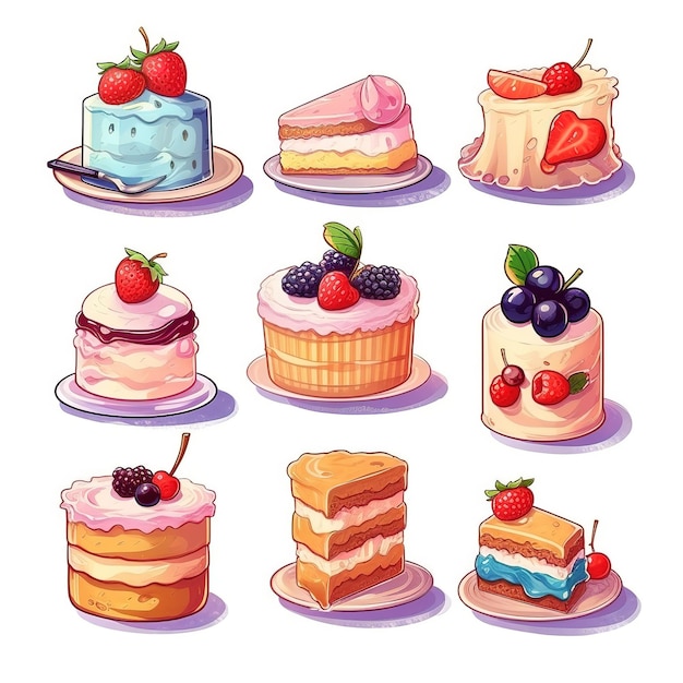 illustration cute piece of cake set and dessert