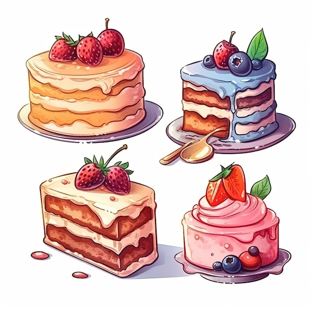 illustration cute piece of cake set and dessert