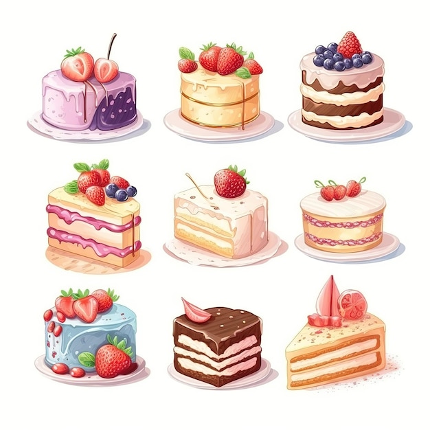 illustration cute piece of cake set and dessert