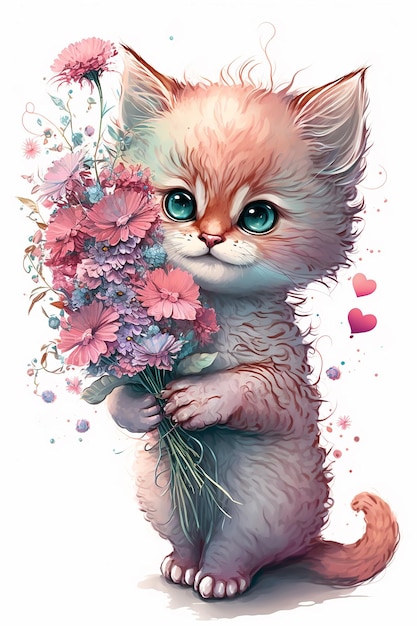 Illustration of cute pink kitten holding bouquet of flowers on white Generative AI