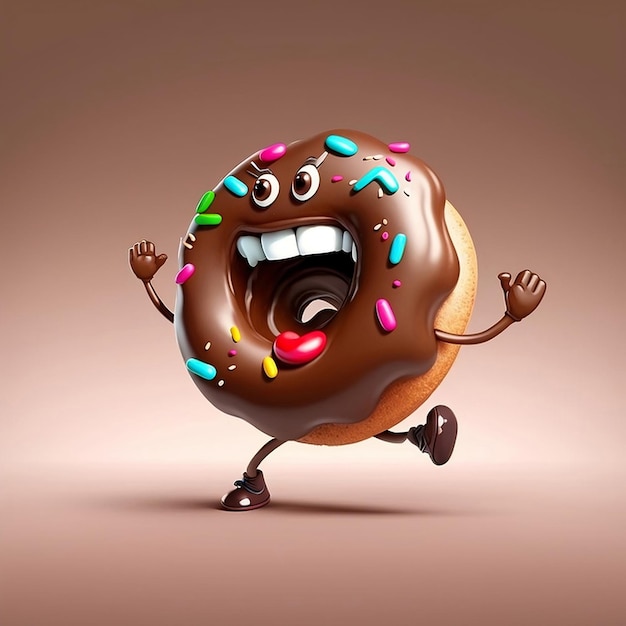 Illustration of a Cute and Playful Chocolate Donut Cartoon Character generative ai