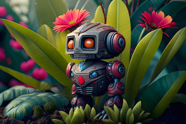 Illustration of a cute robot against a background of flowers Generative AI