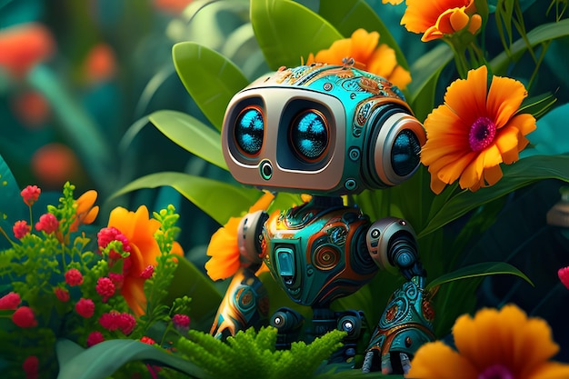 Illustration of a cute robot against a background of flowers Generative AI