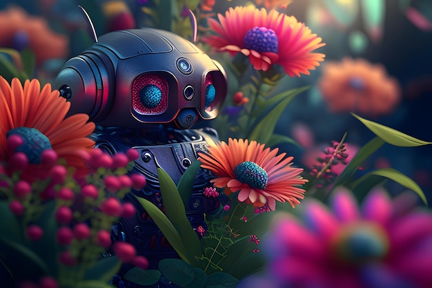 Illustration of a cute robot against a background of flowers Generative AI