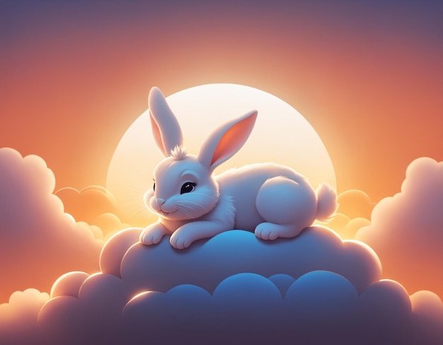 Illustration of a cute smiling white little hare on a cloud enjoying the warm sunset atmosphere and gentle sunlight Generative AI