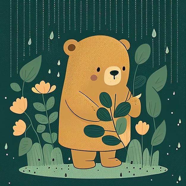 Illustration cute teddy bear standing alone on rainy day Created with Generative AI technology