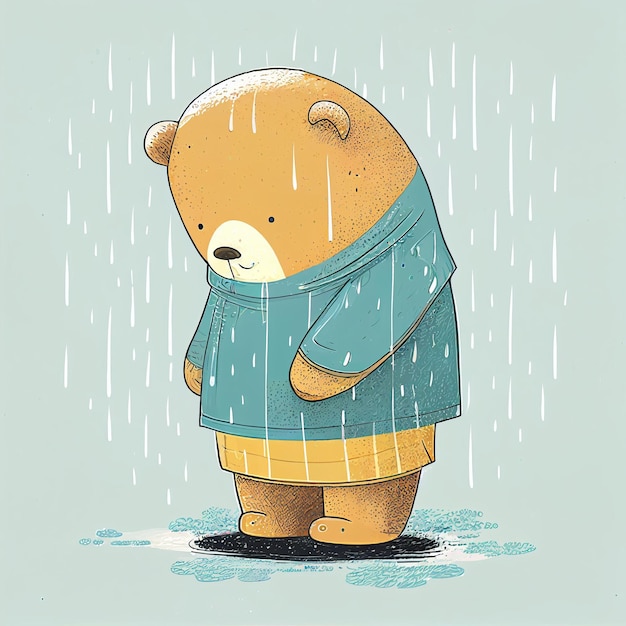 Illustration cute teddy bear standing alone on rainy day Created with Generative AI technology