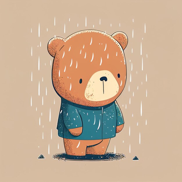 Illustration cute teddy bear standing alone on rainy day Created with Generative AI technology