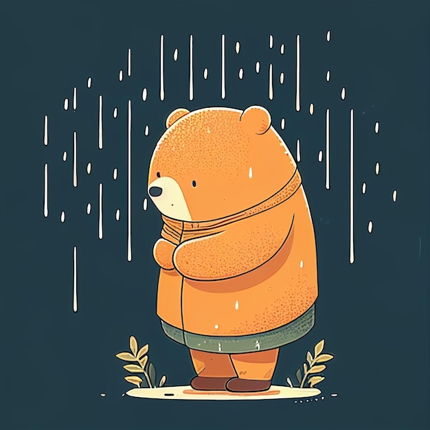 Illustration cute teddy bear standing alone on rainy day Created with Generative AI technology