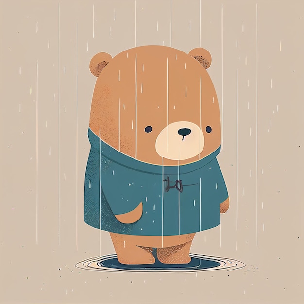 Illustration cute teddy bear standing alone on rainy day Created with Generative AI technology