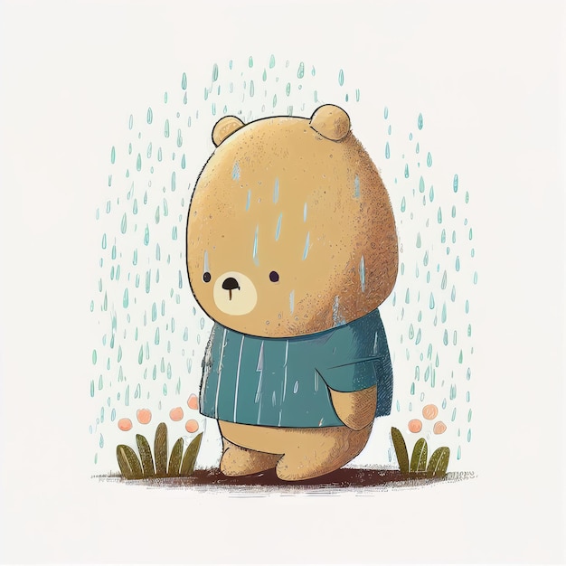 Illustration cute teddy bear standing alone on rainy day Created with Generative AI technology