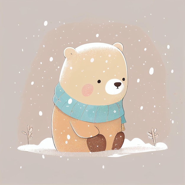 Illustration cute teddy bear standing alone on snowy day Created with Generative AI technology