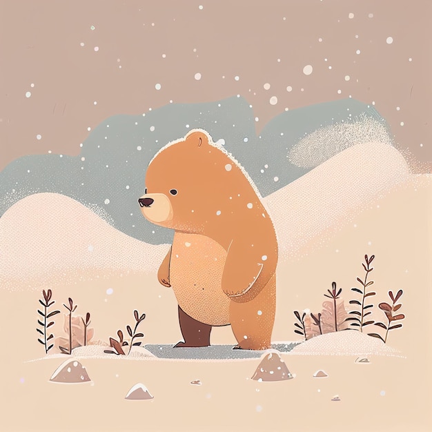 Illustration cute teddy bear standing alone on snowy day Created with Generative AI technology