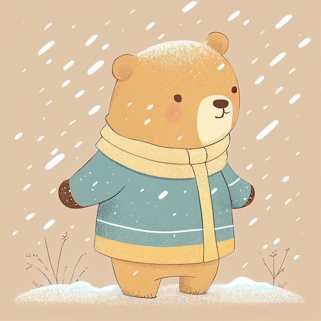 Illustration cute teddy bear standing alone on snowy day Created with Generative AI technology