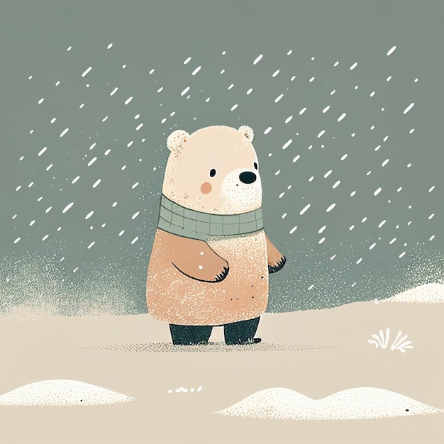 Illustration cute teddy bear standing alone on snowy day Created with Generative AI technology