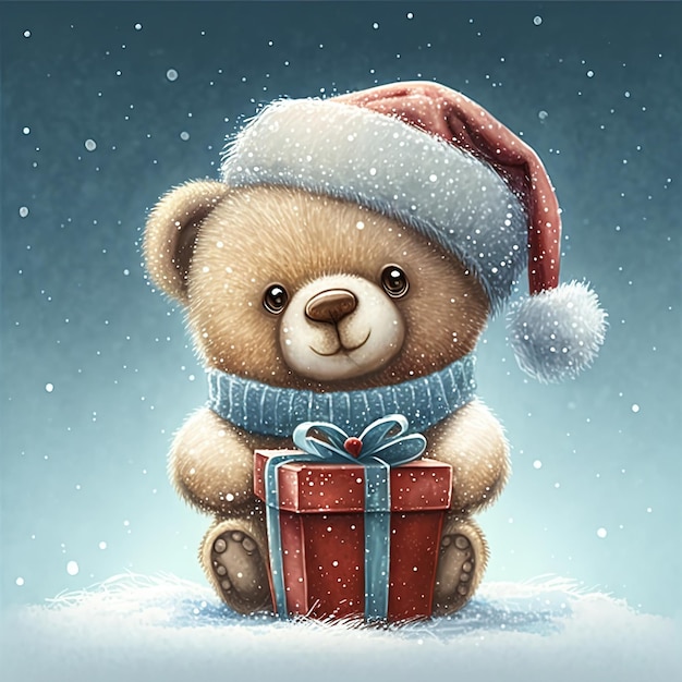 Illustration of a cute teddy bear wearing a Santa hat with christmas gift isolated on blue and white