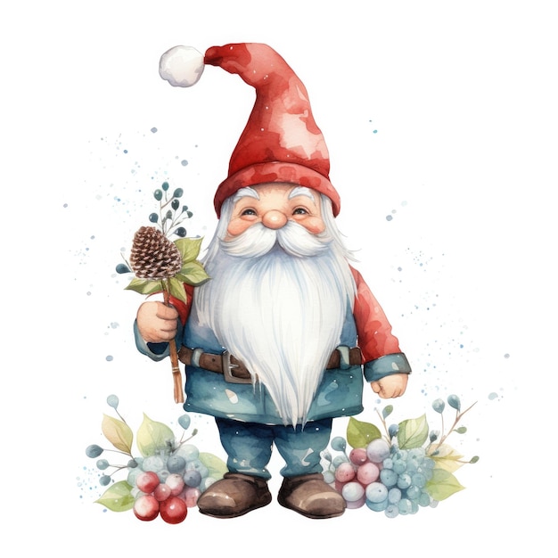 Illustration of a cute watercolor Christmas gnome in a red cap on a white background