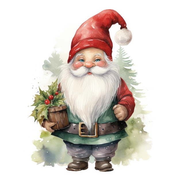 Illustration of a cute watercolor Christmas gnome in a red cap on a white background