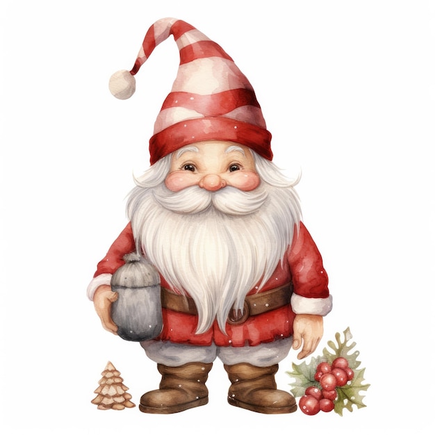 Illustration of a cute watercolor Christmas gnome in a red cap on a white background