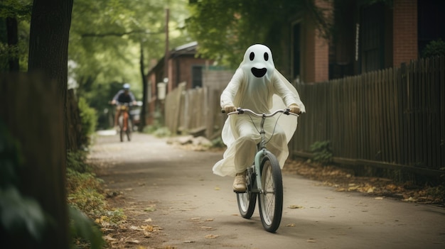 a illustration cute white ghost riding a bicycle in full speed down a street