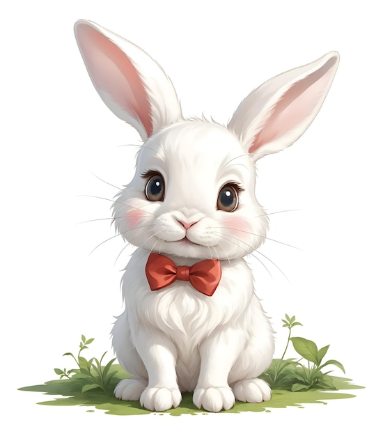 Illustration of a cute white rabbit wearing a red bow tie