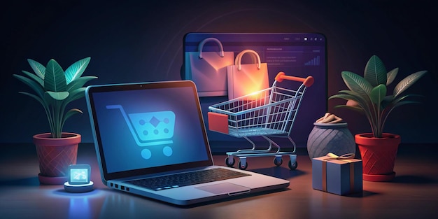 An illustration of a Cyber Monday scene Theres a shopping cart with various items