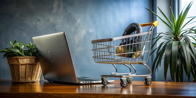 An illustration of a Cyber Monday scene Theres a shopping cart with various items