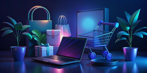 An illustration of a Cyber Monday scene Theres a shopping cart with various items