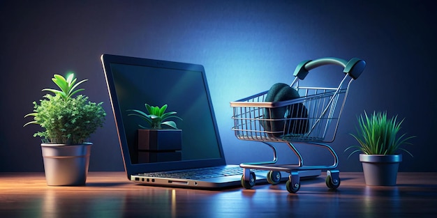 An illustration of a Cyber Monday scene Theres a shopping cart with various items