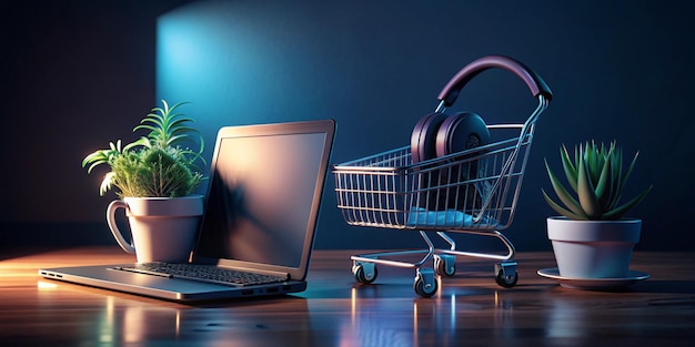 An illustration of a Cyber Monday scene Theres a shopping cart with various items