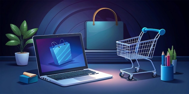 An illustration of a Cyber Monday scene Theres a shopping cart with various items