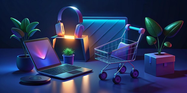 An illustration of a Cyber Monday scene Theres a shopping cart with various items