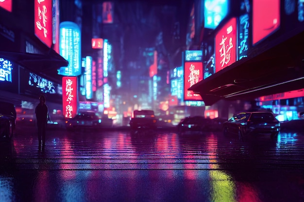 Illustration of a Cyber Tokyo neon street A rainy nigh  3d rendering. Raster illustration.