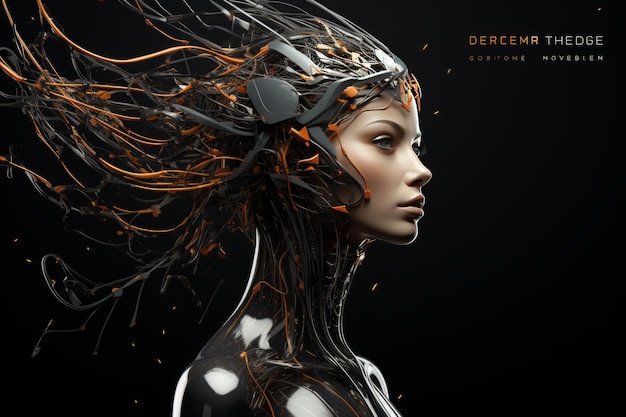 Illustration of a cyborg woman and Ai technology background with customizable space for text