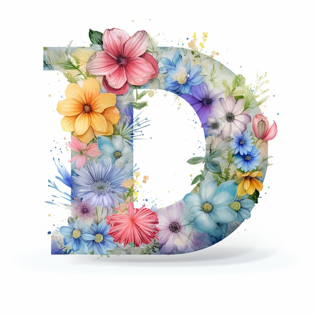 Photo illustration of the d typography surrounded by colorful watercolor flowers