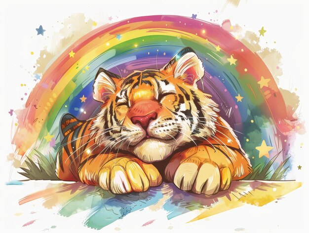 Photo illustration of dabbing tiger with rainbow and stars white background ar 43 stylize 250 job id e4837a9836394aa3aee6a61fbe33a84f