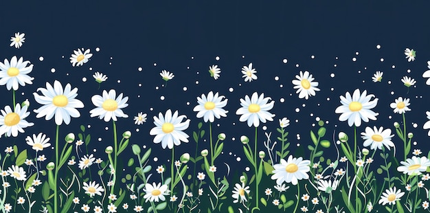 illustration of daisies seamless border pattern on a navy blue background elegant floral design Generative ai