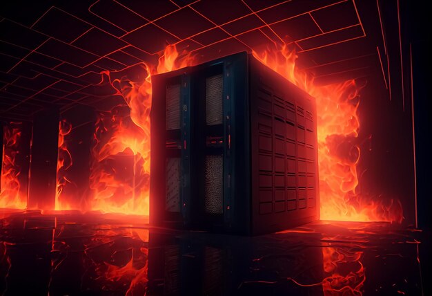 Illustration of data center service on fire puffs of smoke information leak