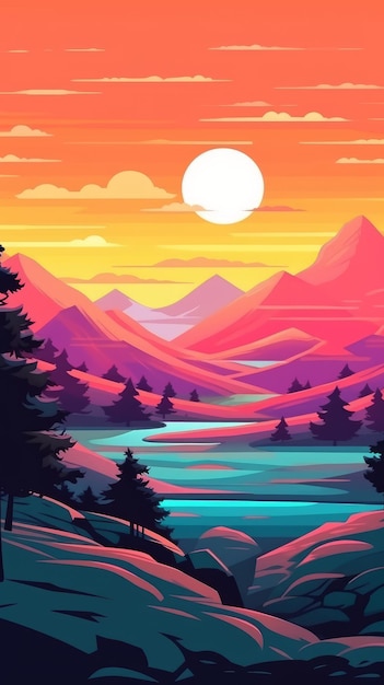 Illustration of dawn in the mountains A picturesque view of the valley Generative AI