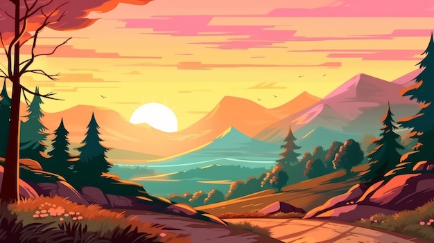 Illustration of dawn in the mountains A picturesque view of the valley Generative AI