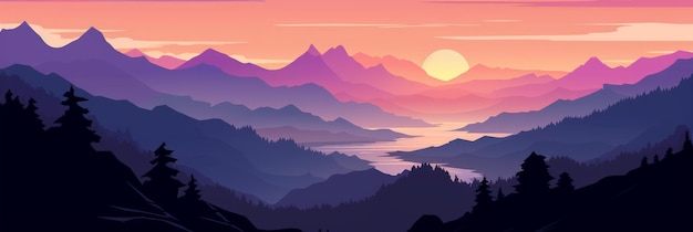 Illustration of dawn in the mountains A picturesque view of the valley Generative AI