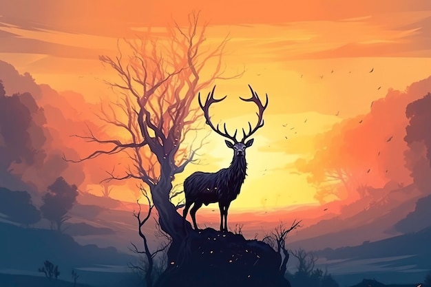 illustration the deer standing on a giant branch