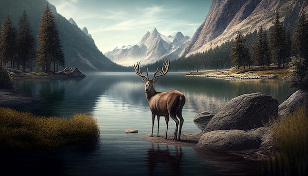 Illustration of a deer standing on an isolated lake