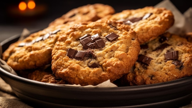 Illustration of a delicious batch of homemade chocolate chip cookies on a wooden table